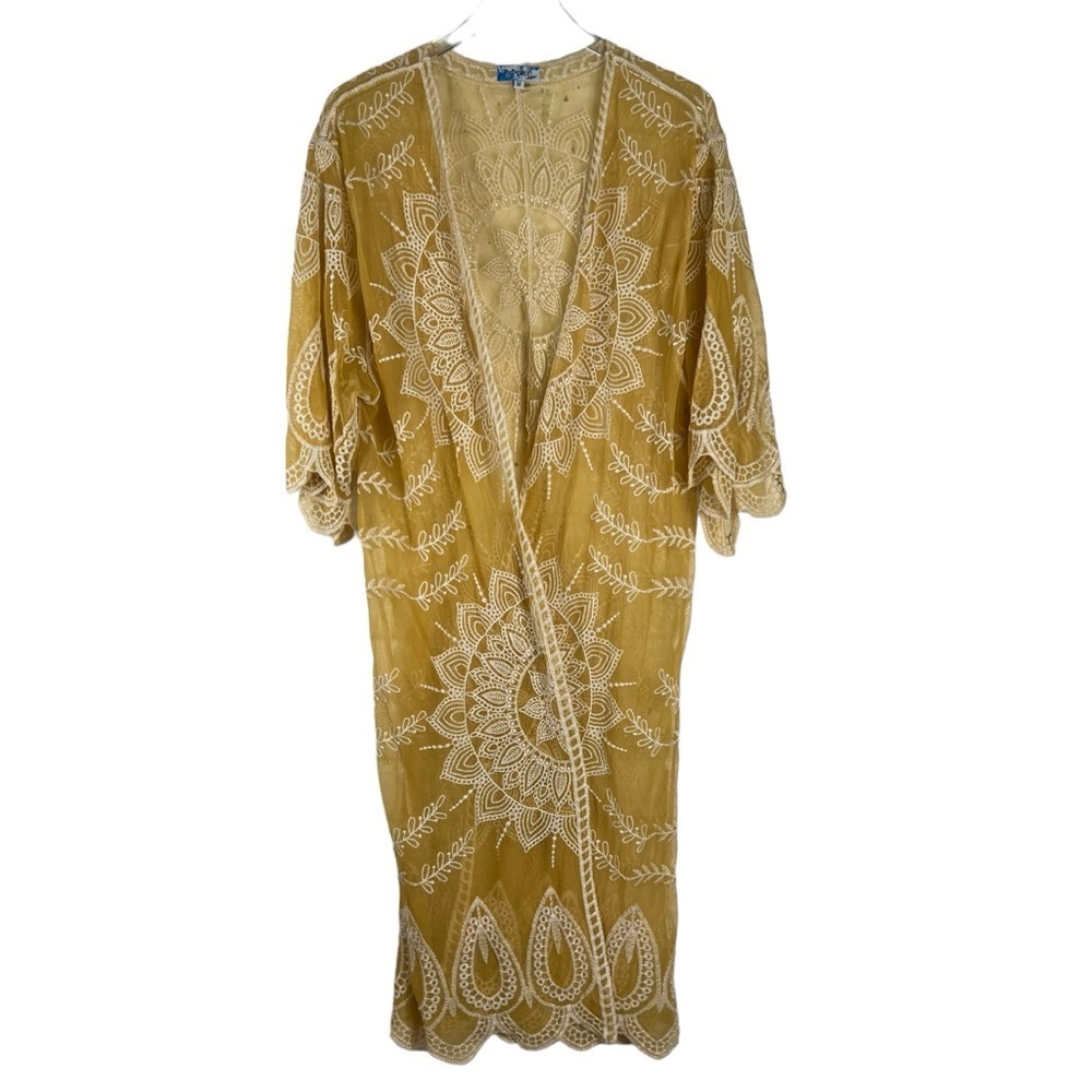 REBELLION Mustard Yellow Full Length Sheer Lace Boho Cover-up Medium